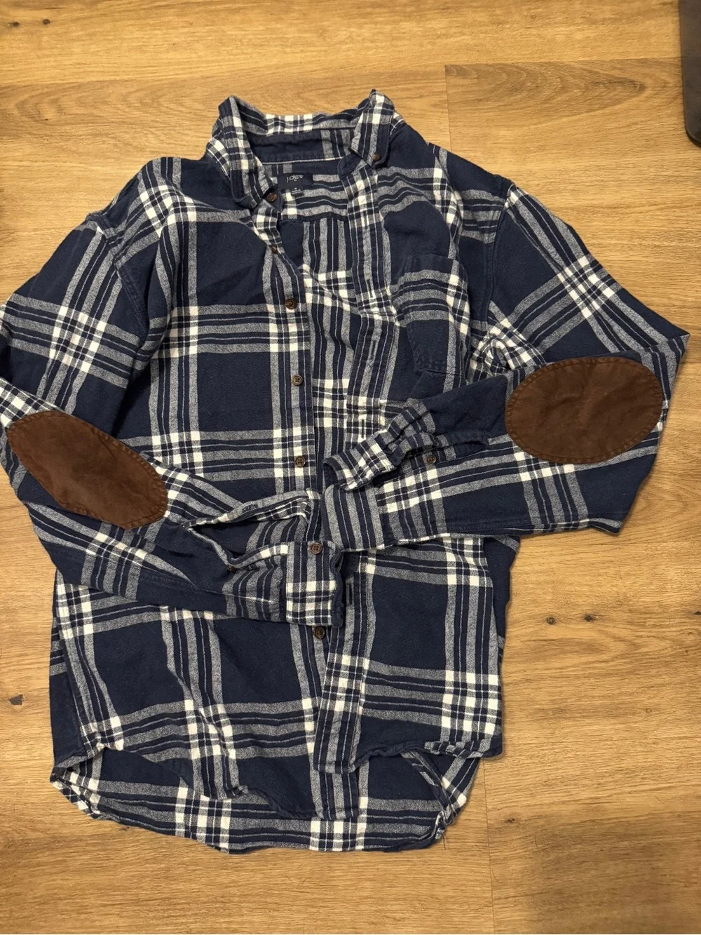 J. Crew Navy and White Plaid Button-Down Shirt with Brown Elbow Patches